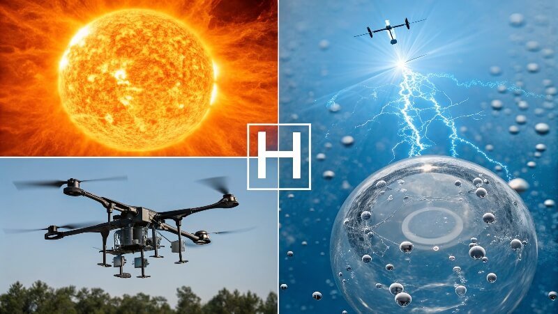 hydrogen in space, drone, fuel cell montage