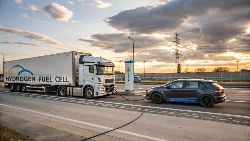 Hydrogen truck next to electric sedan