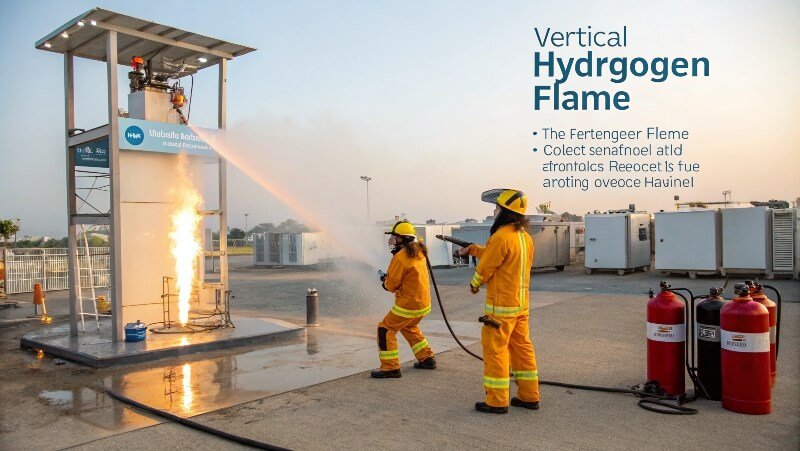 Firefighters extinguishing a vertical hydrogen flame using mist in an open safety lab setting