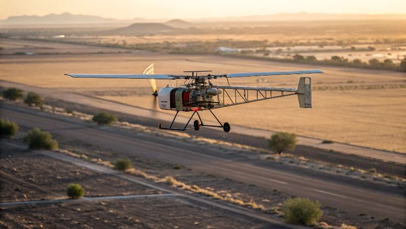 Fixed-wing drone flying with a visible small combustion engine and propeller, emitting light exhaust in a natural landscape.