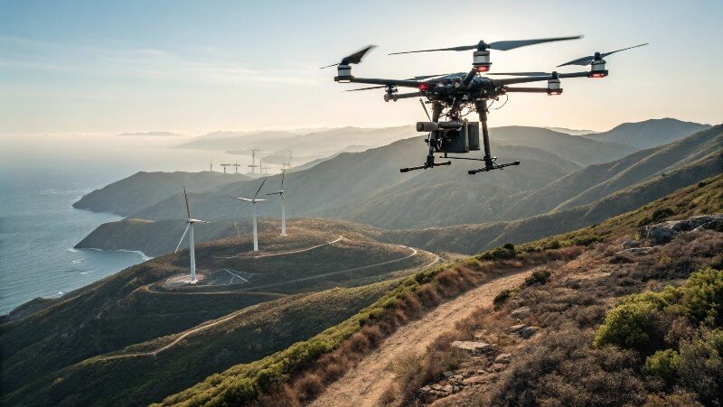 Industrial drone in flight powered by both hydrogen fuel cells and lithium batteries over mountainous terrain.