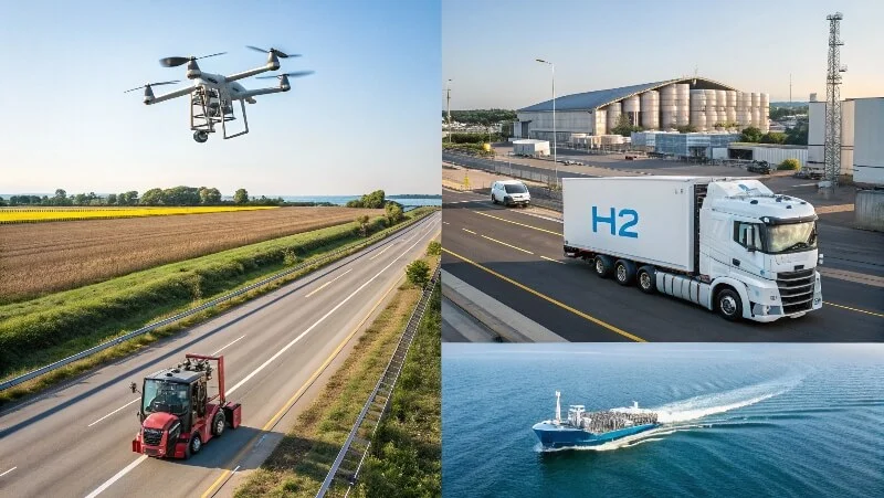 Montage of hydrogen-powered truck, drone, warehouse forklift, and marine vessel showing various applications of hydrogen fuel cells