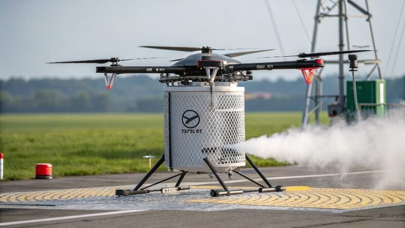 Hydrogen fuel cell drone on launchpad showing cylindrical hydrogen tank and fuel cell module with steam emission.