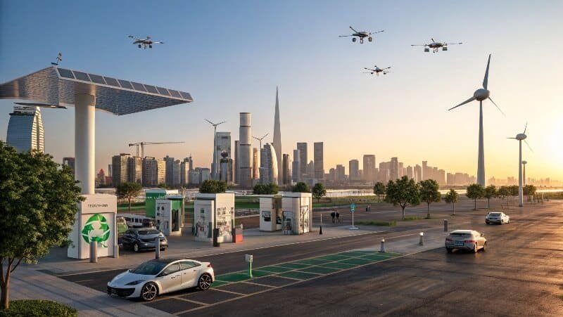 A futuristic hydrogen-powered city with vehicles and a hydrogen refueling station under sunrise, symbolizing clean energy
