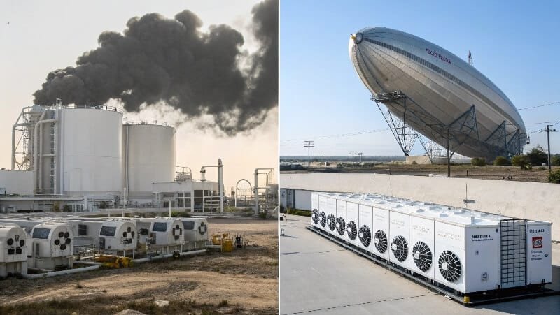 Split image showing historic Hindenburg disaster and a modern ventilated hydrogen storage site under clear skies