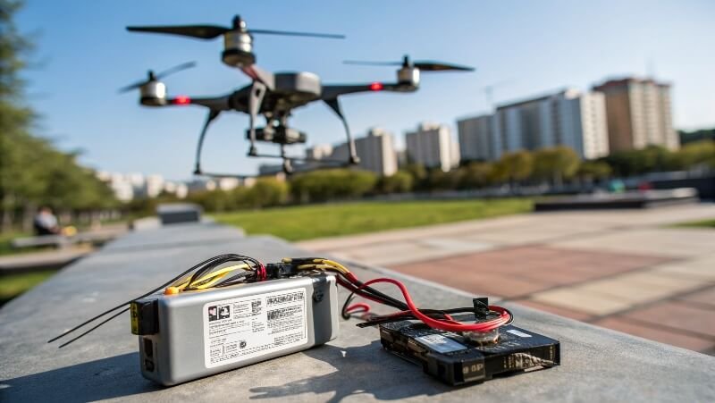 Close-up of a drone equipped with lithium polymer batteries, showing battery packs and wiring in detail during flight.