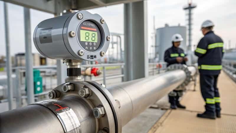 A close-up of a hydrogen gas sensor on a pipeline with digital readouts in a high-tech control room