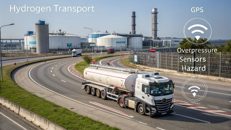 A hydrogen transport truck with safety sensors driving on a highway near a storage facility with carbon-fiber tanks