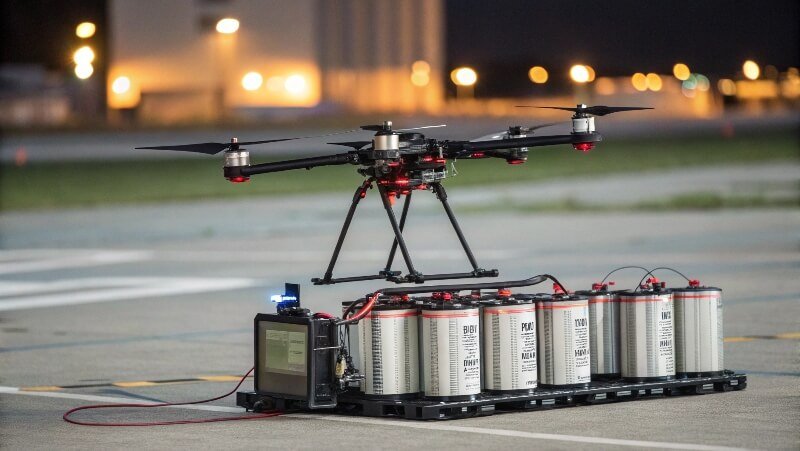 Drone with visible supercapacitor modules during vertical takeoff, showing futuristic energy storage components.
